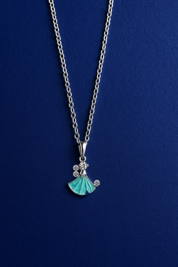 Elegant Angel Pendant Necklace with Aqua Blue Dress