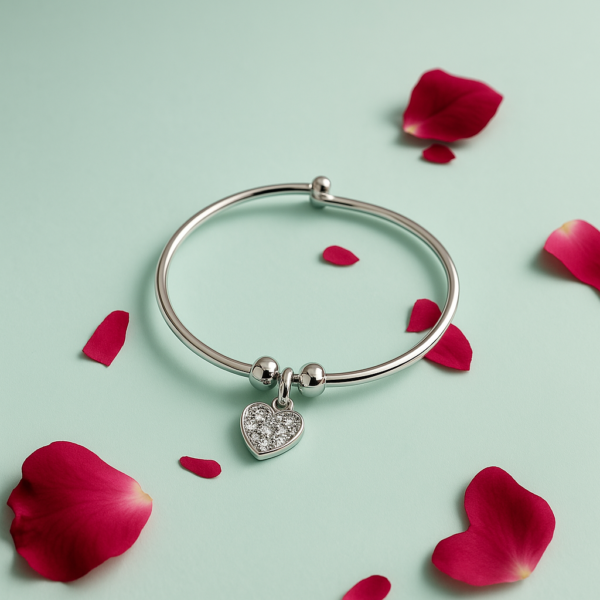 Sparkling Heart Charm Silver Bracelet