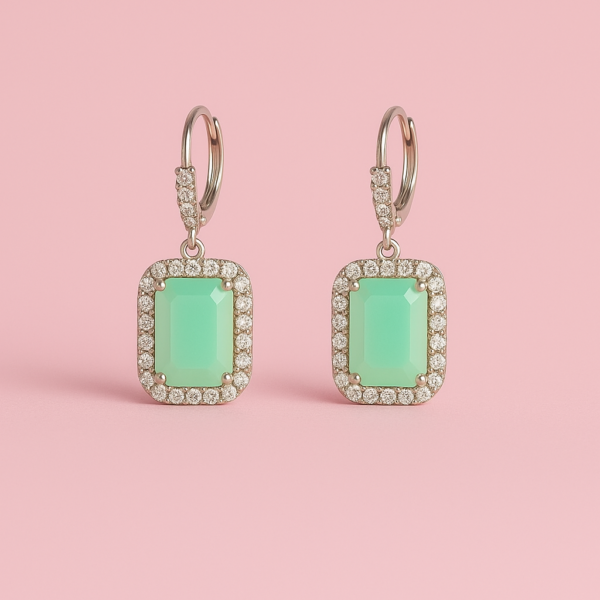 Rectangle Drop Earrings with Sparkling Halo