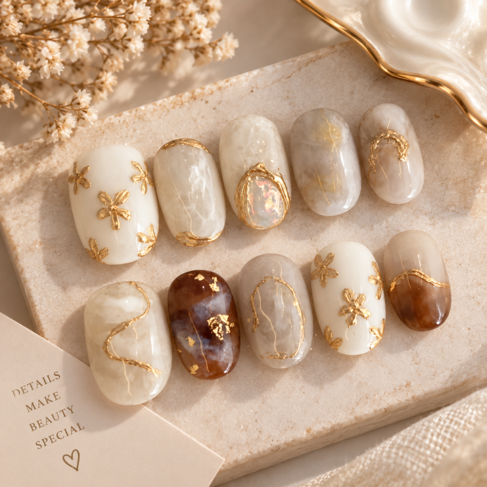 Ivory Opal Bloom Gold Press-On Nail Extensions