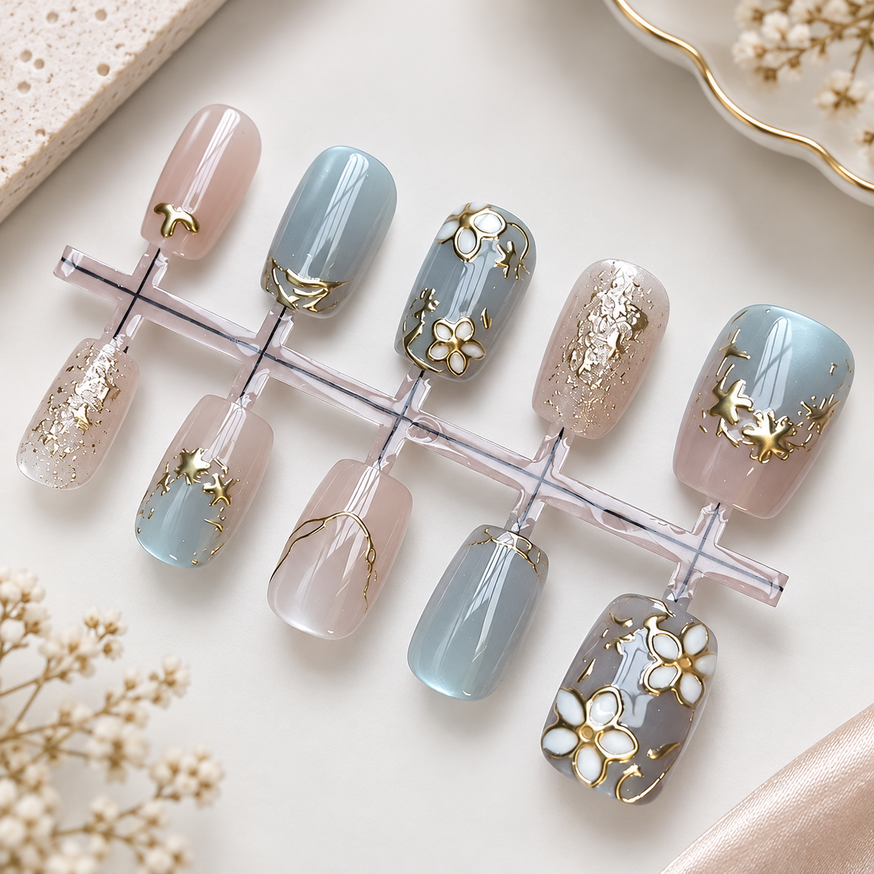 Ivory Azure Luxe Floral Press-On Nails - Image 4