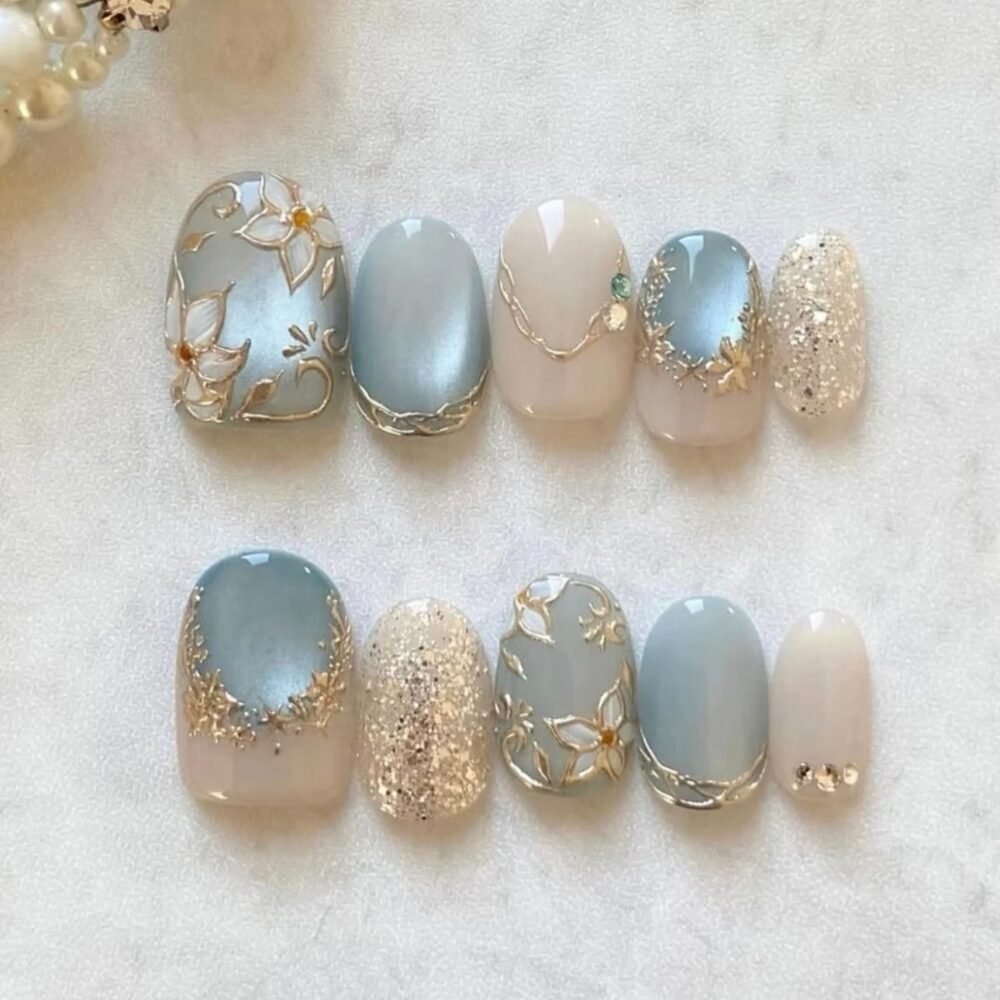 Ivory Azure Luxe Floral Press-On Nails