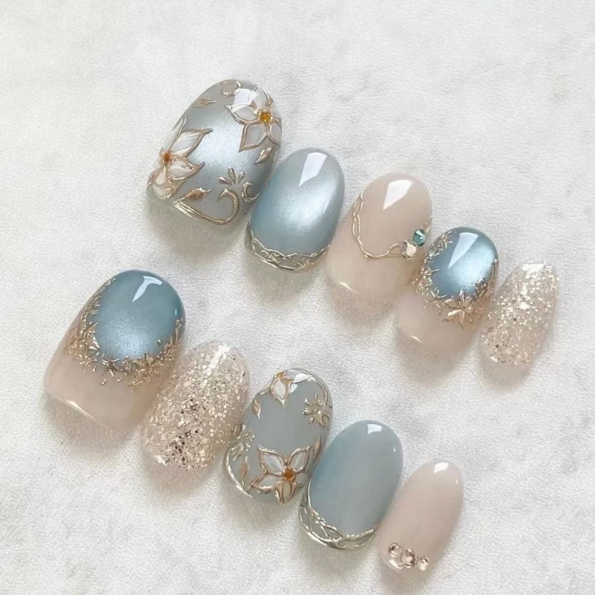 Ivory Azure Luxe Floral Press-On Nails - Image 2