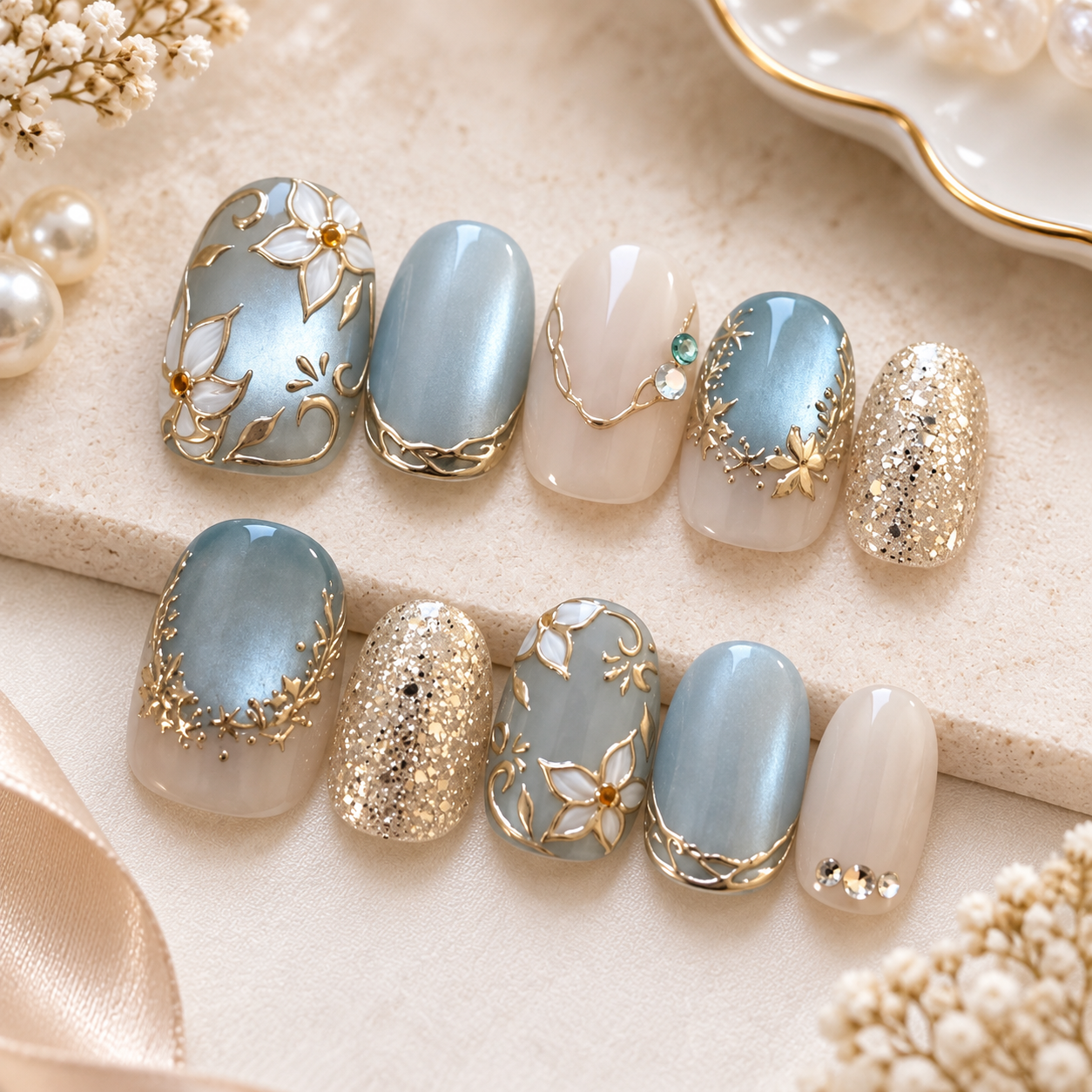 Ivory Azure Luxe Floral Press-On Nails - Image 3