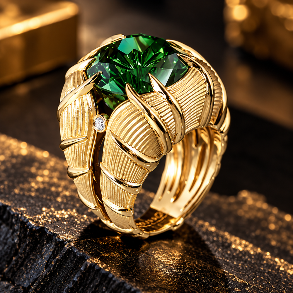 Alternative view of Emerald Green Gemstone Gold-Plated Statement Ring for Men & Women