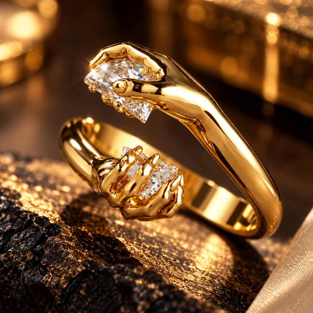 Alternative view of Golden Crystal Hand Embrace Ring for Women