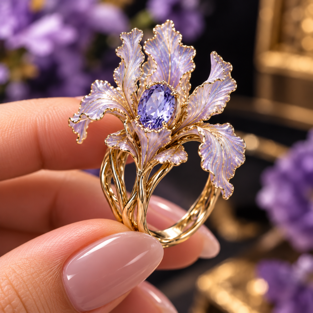 Alternative view of Golden Lavender Iris Flower Statement Ring with Purple Crystal for Women