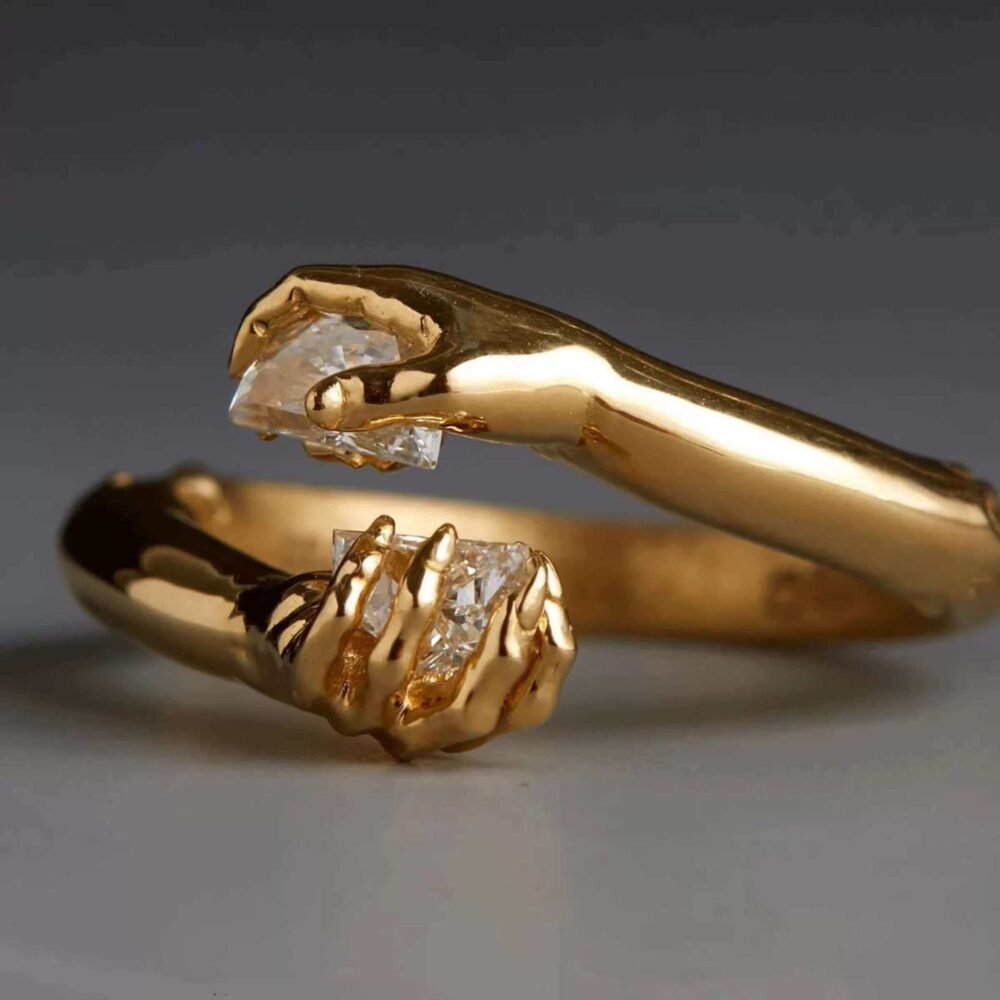 Golden Crystal Hand Embrace Ring for Women