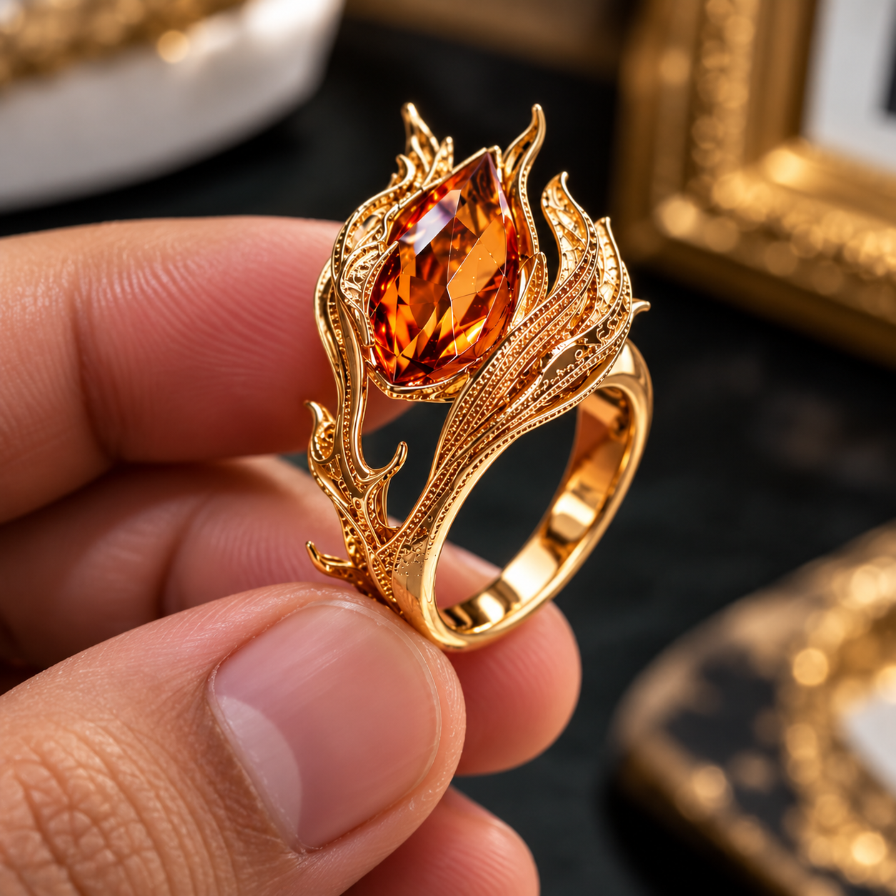 Emberflame Orange Stone Flame Design Statement Ring for Women - Image 4