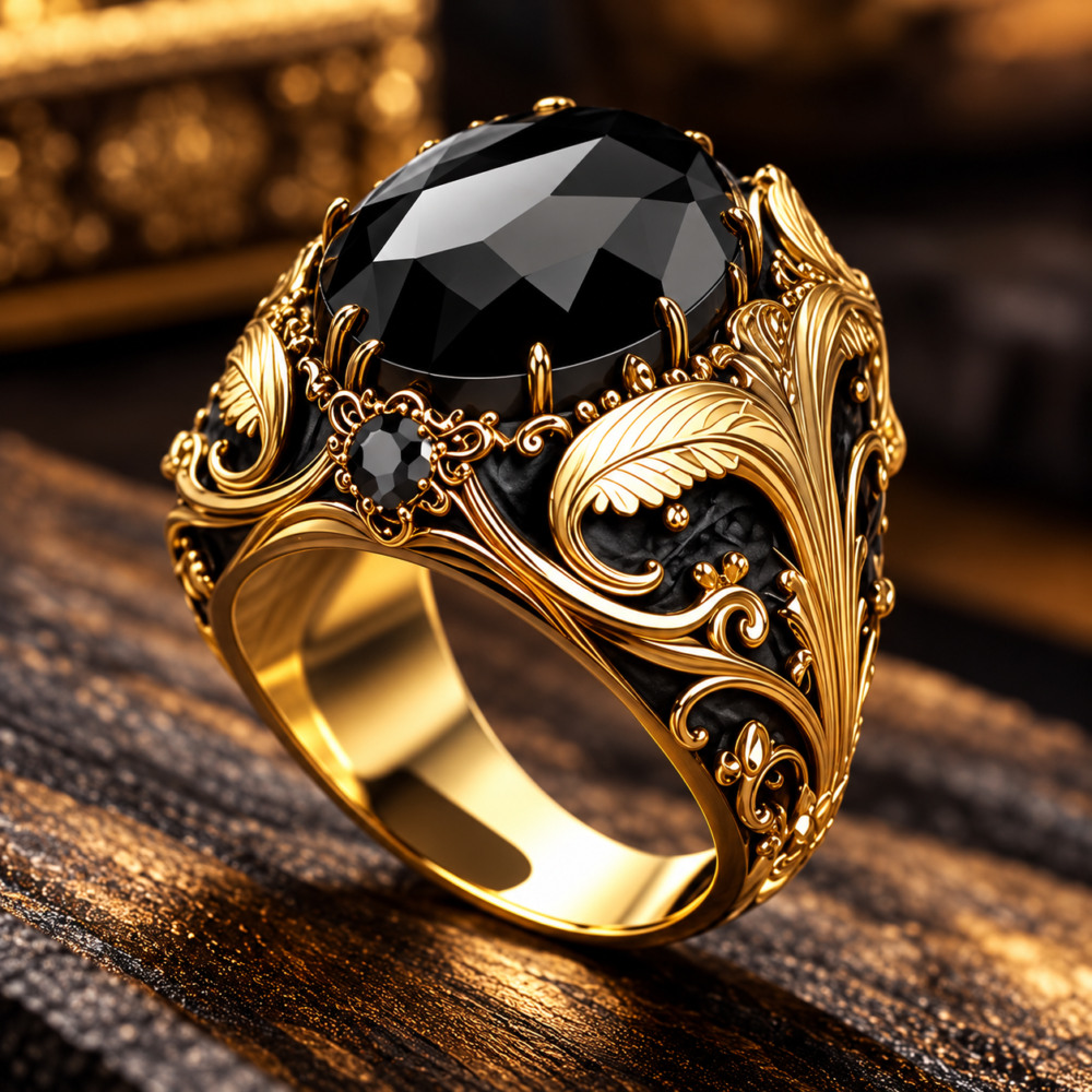 Vintage Baroque Black Gemstone Gold Statement Ring for Men