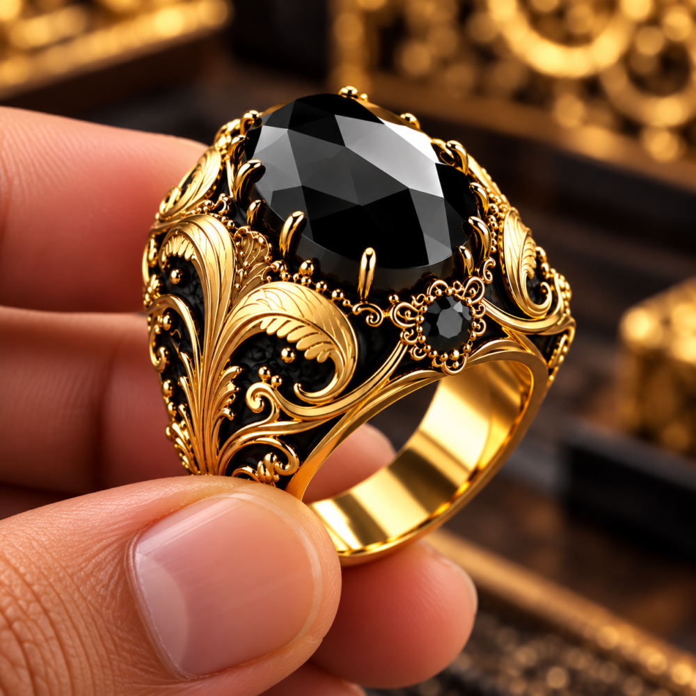 Alternative view of Vintage Baroque Black Gemstone Gold Statement Ring for Men