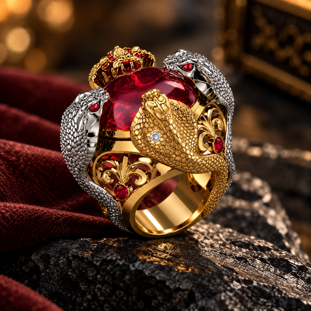 Alternative view of Drakonis Red Stone Cobra & Serpent Statement Ring for Men & Women