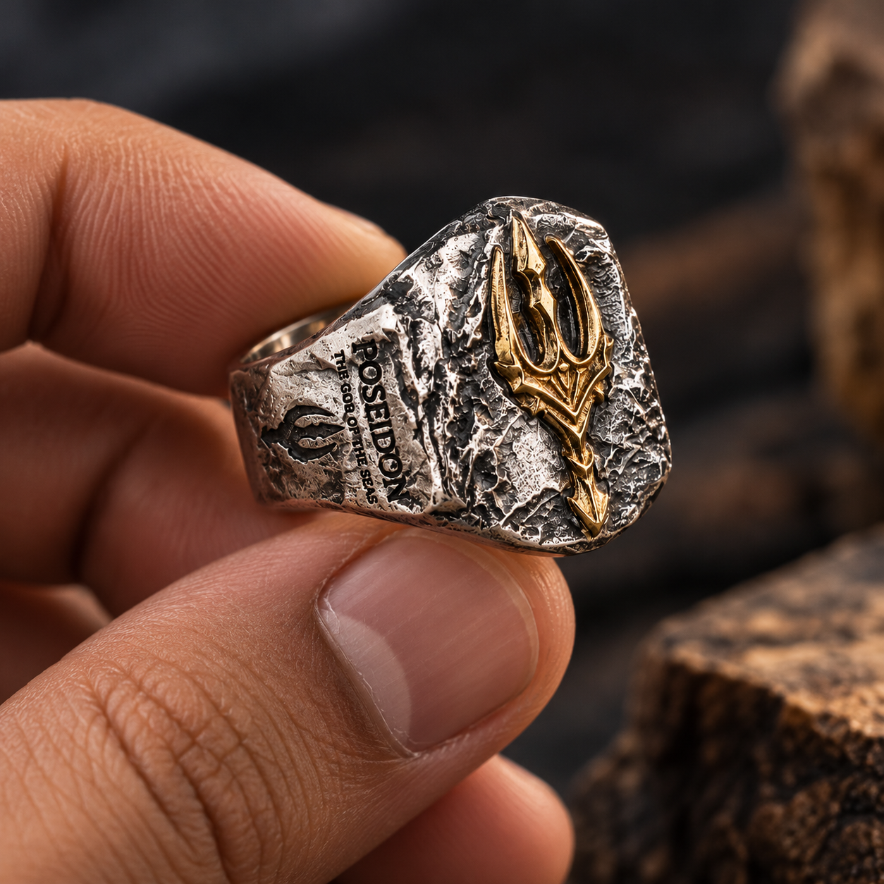 Lord Shiva Trident Signet Ring for Men | Vintage Silver-Tone Statement Ring with Gold Emblem - Image 6