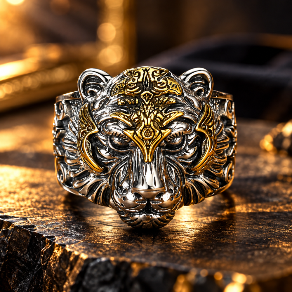Rajah Two-Tone Tiger Head Statement Ring for Men