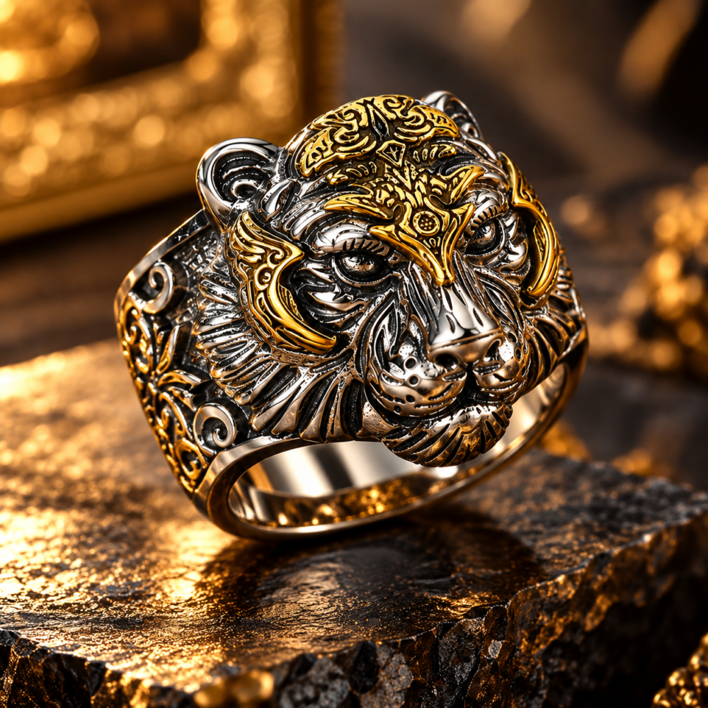 Alternative view of Rajah Two-Tone Tiger Head Statement Ring for Men