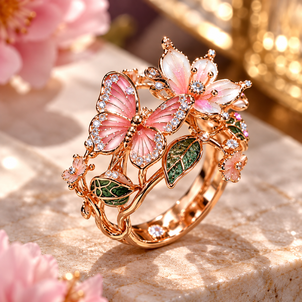 Fiora Pink Butterfly & Floral Statement Ring for Women