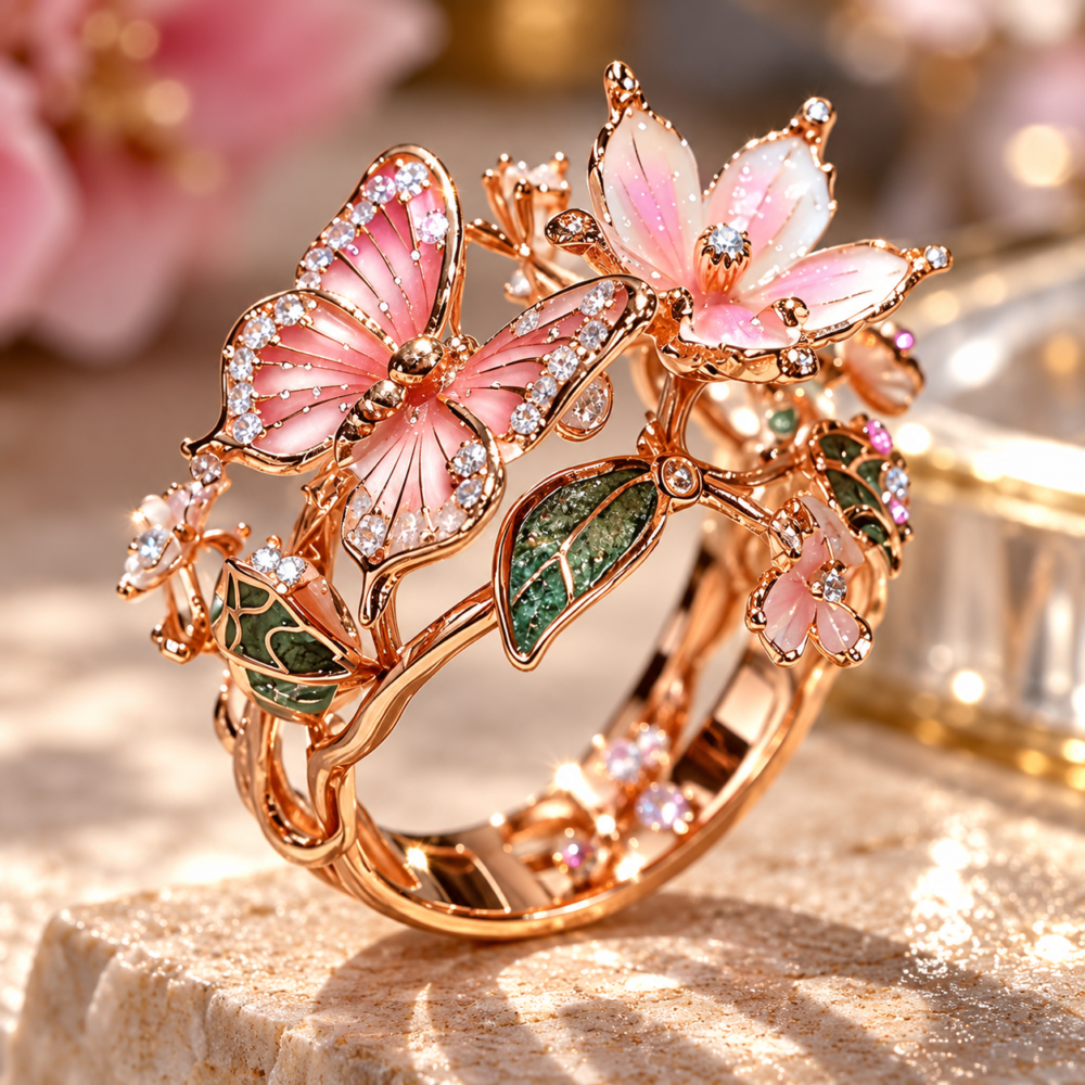 Alternative view of Fiora Pink Butterfly & Floral Statement Ring for Women