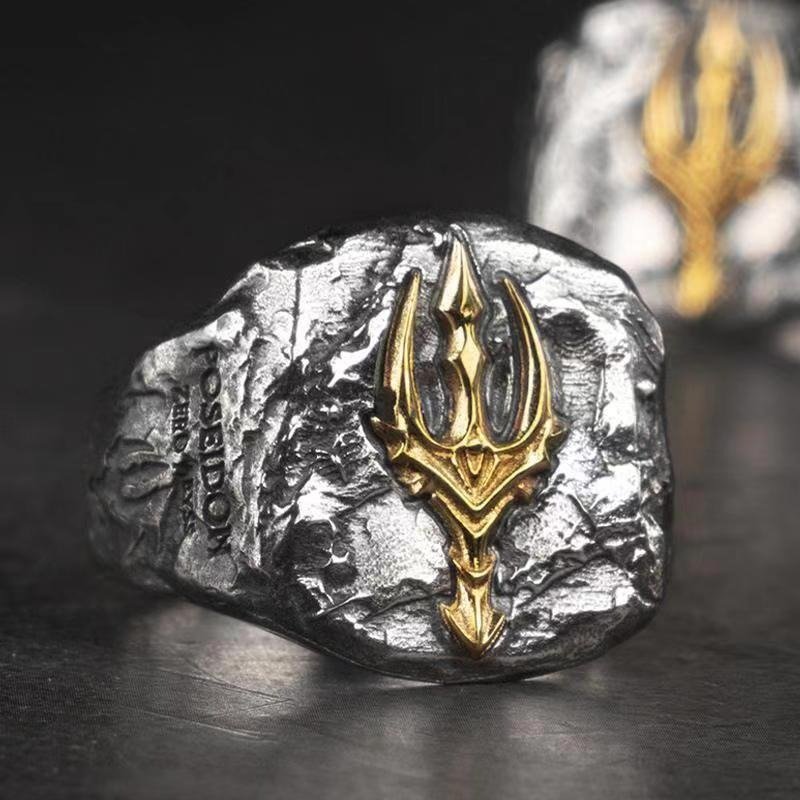 Lord Shiva Trident Signet Ring for Men | Vintage Silver-Tone Statement Ring with Gold Emblem
