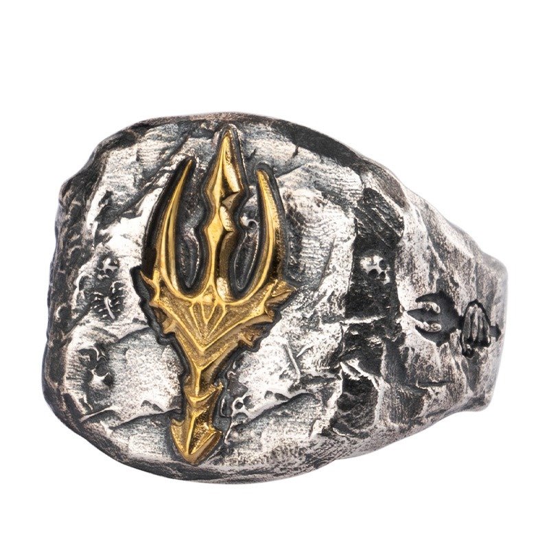 Alternative view of Lord Shiva Trident Signet Ring for Men | Vintage Silver-Tone Statement Ring with Gold Emblem