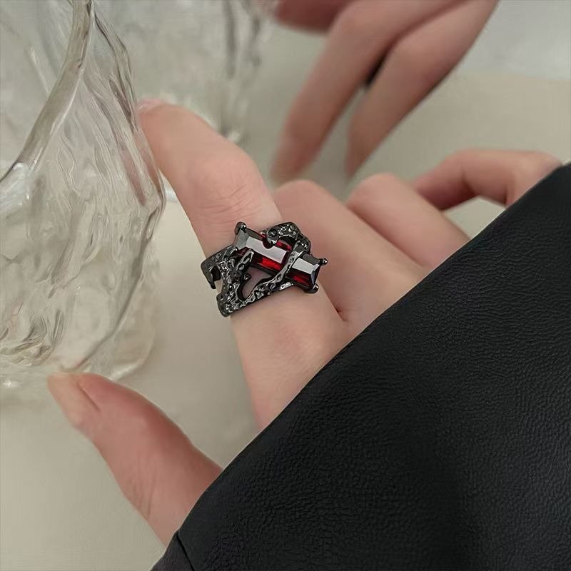 Vintage Silver-Tone Red & Rainbow Gemstone Statement Ring for Men & Women - Image 5