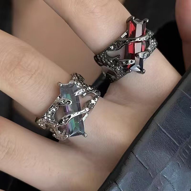 Vintage Silver-Tone Red & Rainbow Gemstone Statement Ring for Men & Women