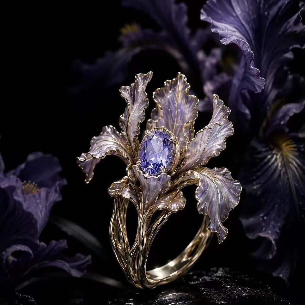 Golden Lavender Iris Flower Statement Ring with Purple Crystal for Women